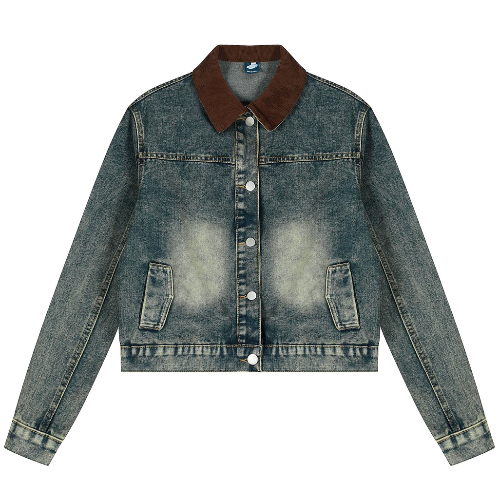 OV original American retro patchwork washed denim jacket for women in autumn, stylish and straight shoulder short loose jacket