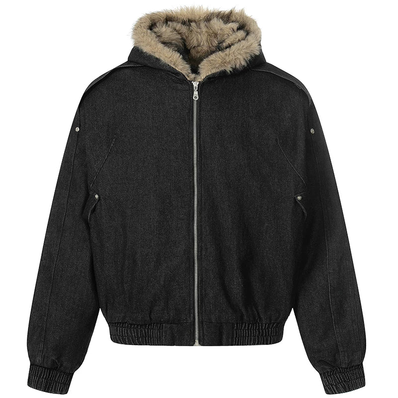 OV original American retro silhouette washed denim cotton jacket for women, winter seat mountain carving thick hooded cotton jacket for men