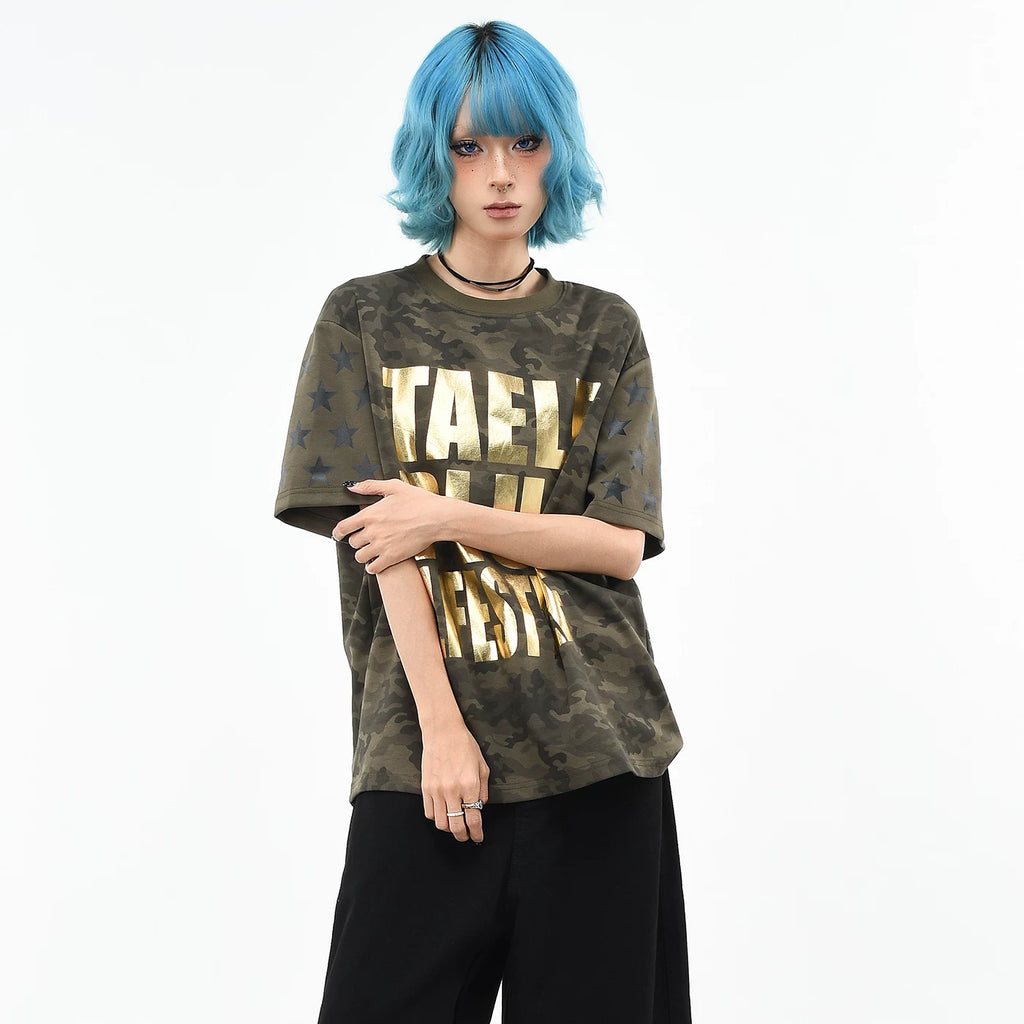 OV original/American camouflage style letter hot stamping printed short sleeved T-shirt for men and women summer loose trendy brand shoulder top