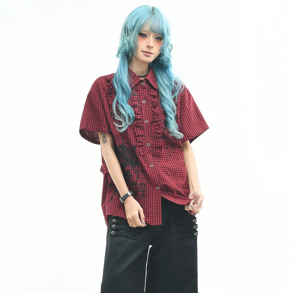 OV original American retro plaid pleated short sleeved shirt for men and women in summer, loose fit, waist cinching, slimming couple shirt trend