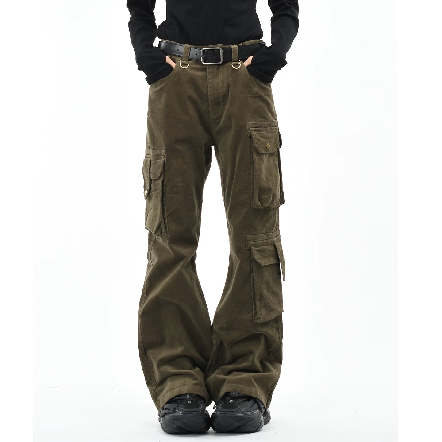 OV original American retro corduroy distressed micro flared casual pants for men and women slim fit multi pocket workwear pants trendy