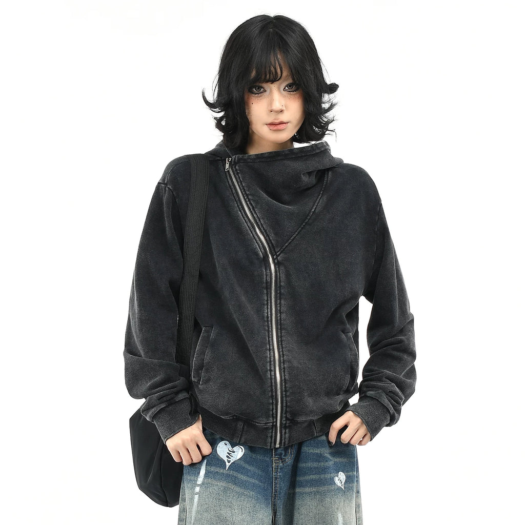 OV original American retro vintage washed short hooded sweatshirt for women in autumn, loose diagonal zipper cardigan jacket trendy