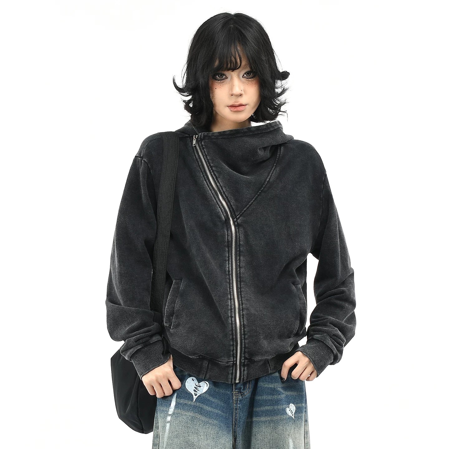 OV original American retro vintage washed short hooded sweatshirt for women in autumn, loose diagonal zipper cardigan jacket trendy