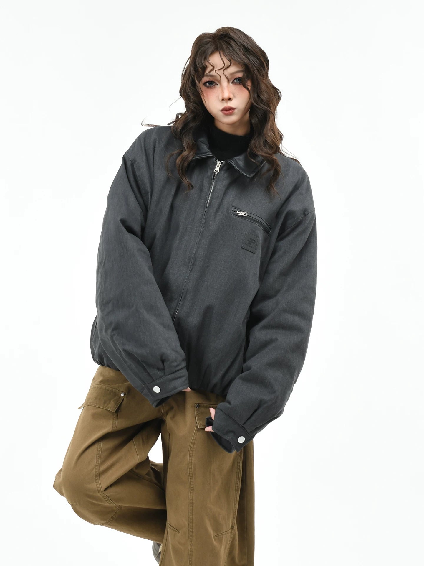 OV原创美式巴恩风皮领夹棉加厚外套女冬季宽松保暖复古棉衣棉服男