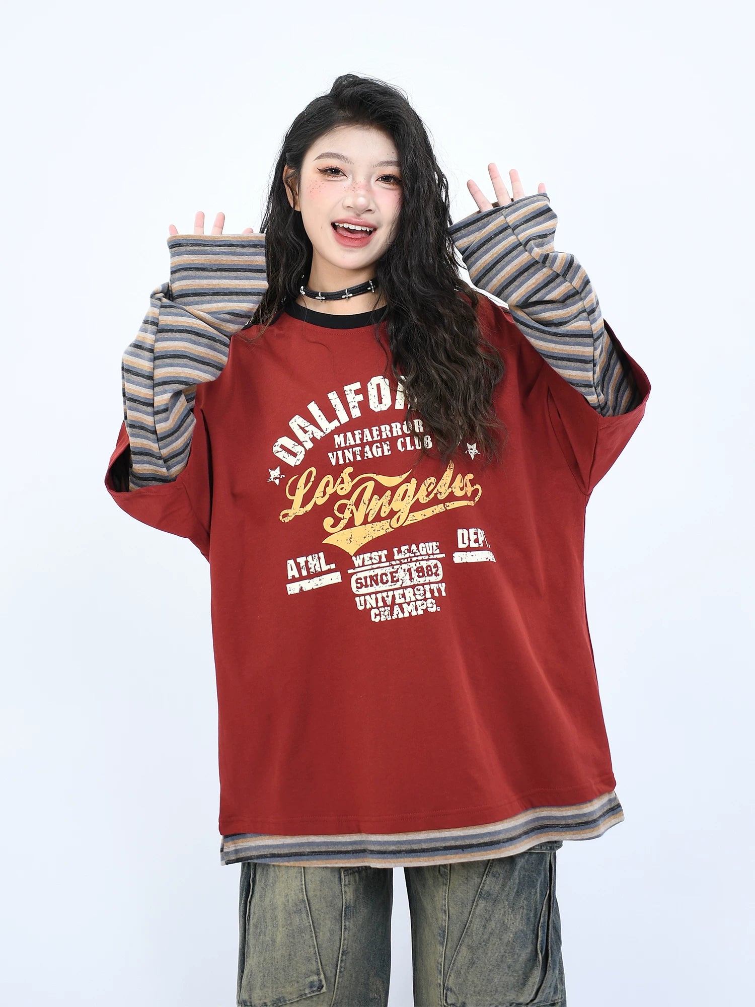 OV Original/Spring New American Retro Stripe Splicing Fake Two piece Long sleeved T-shirt for Men and Women Loose Couple Top