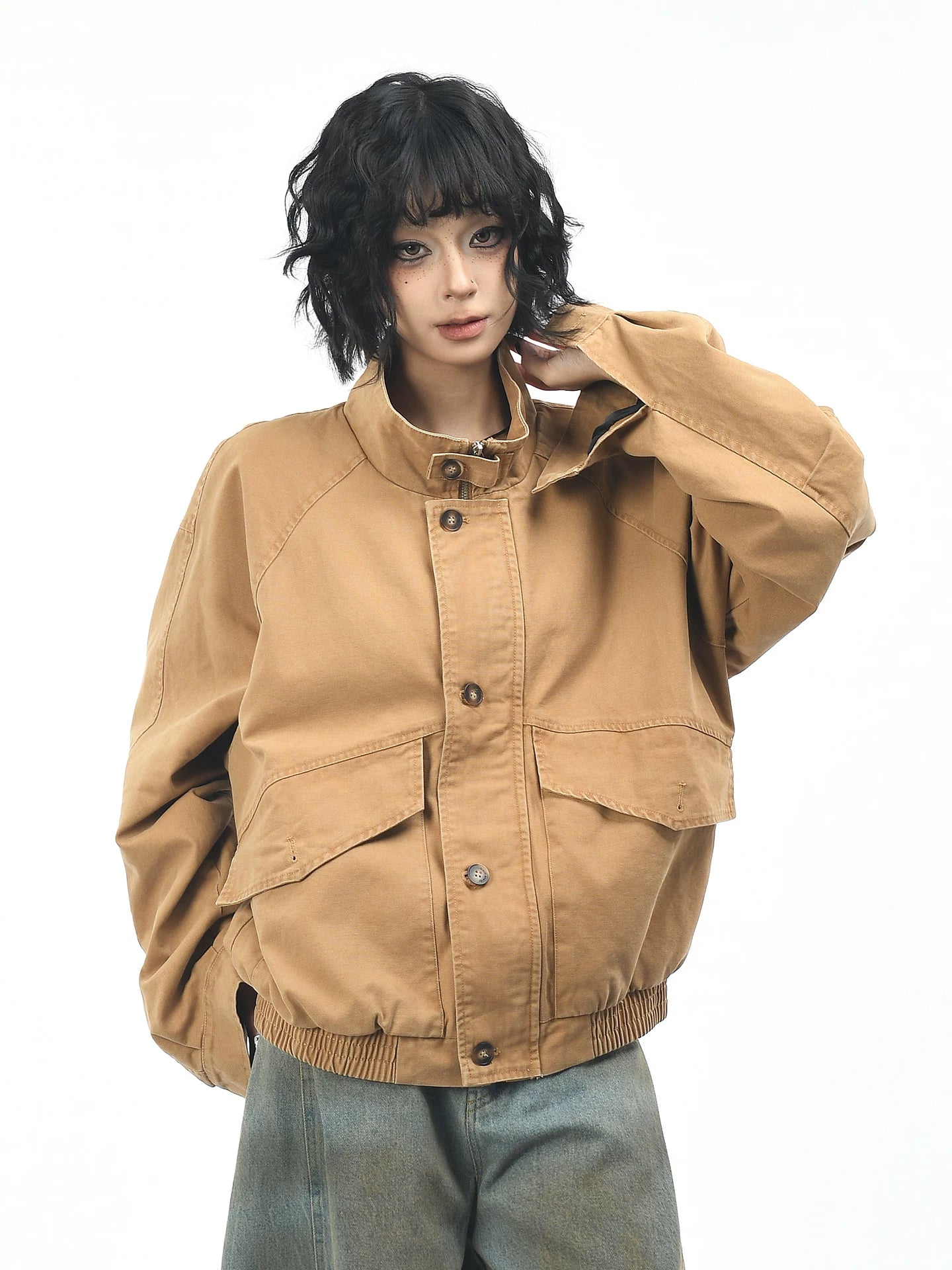 OV original American washed large pocket workwear jacket for men and women, autumn street loose casual couple stand up collar jacket