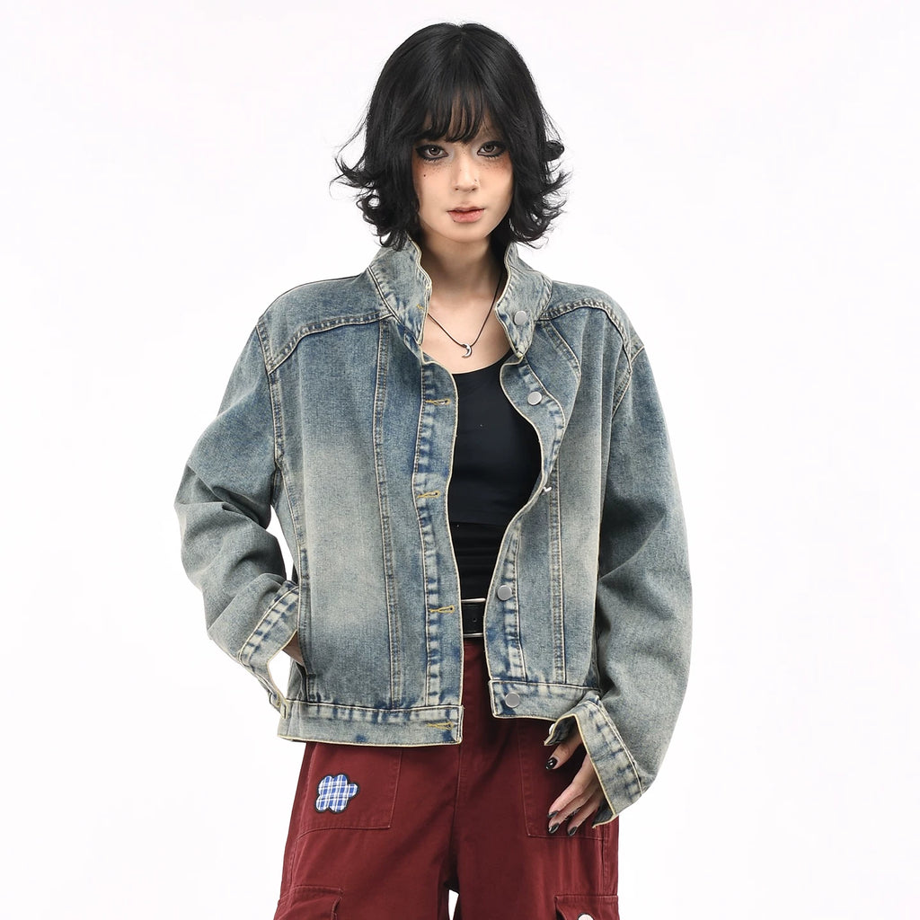 OV original American retro washed vintage denim jacket for women in autumn, loose fit, small stature, slimming short jacket trend
