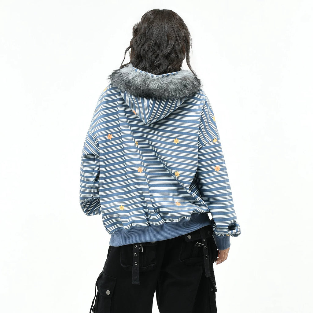 OV original Korean striped flower plush embroidery hooded sweatshirt for men and women in autumn loose fur collar cardigan jacket trend