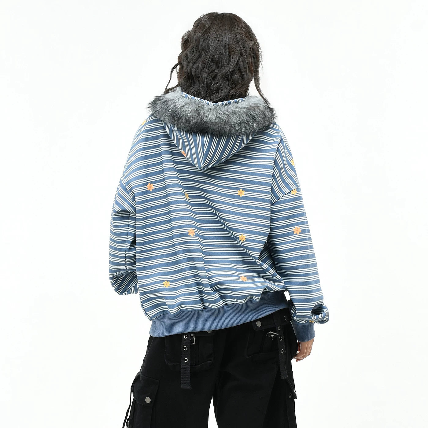 OV original Korean striped flower plush embroidery hooded sweatshirt for men and women in autumn loose fur collar cardigan jacket trend