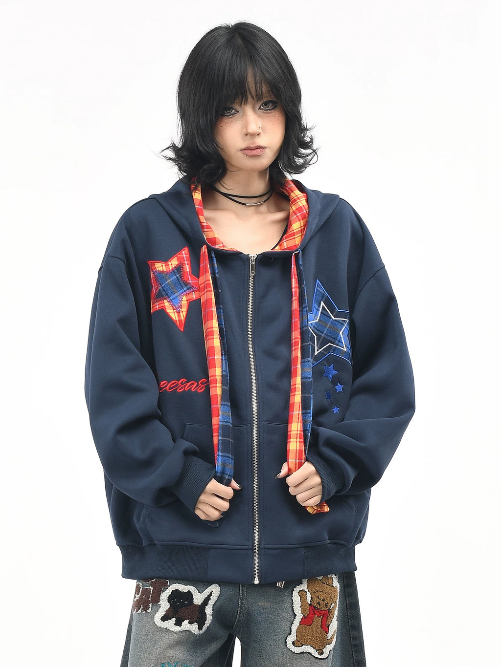 OV original American retro plaid embroidered hooded sweatshirt for women, autumn loose tie design, cardigan jacket for men