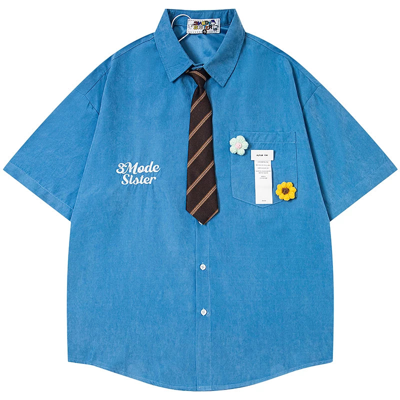 OV original summer American college style tie design short sleeved shirt for men and women loose casual versatile couple shirt
