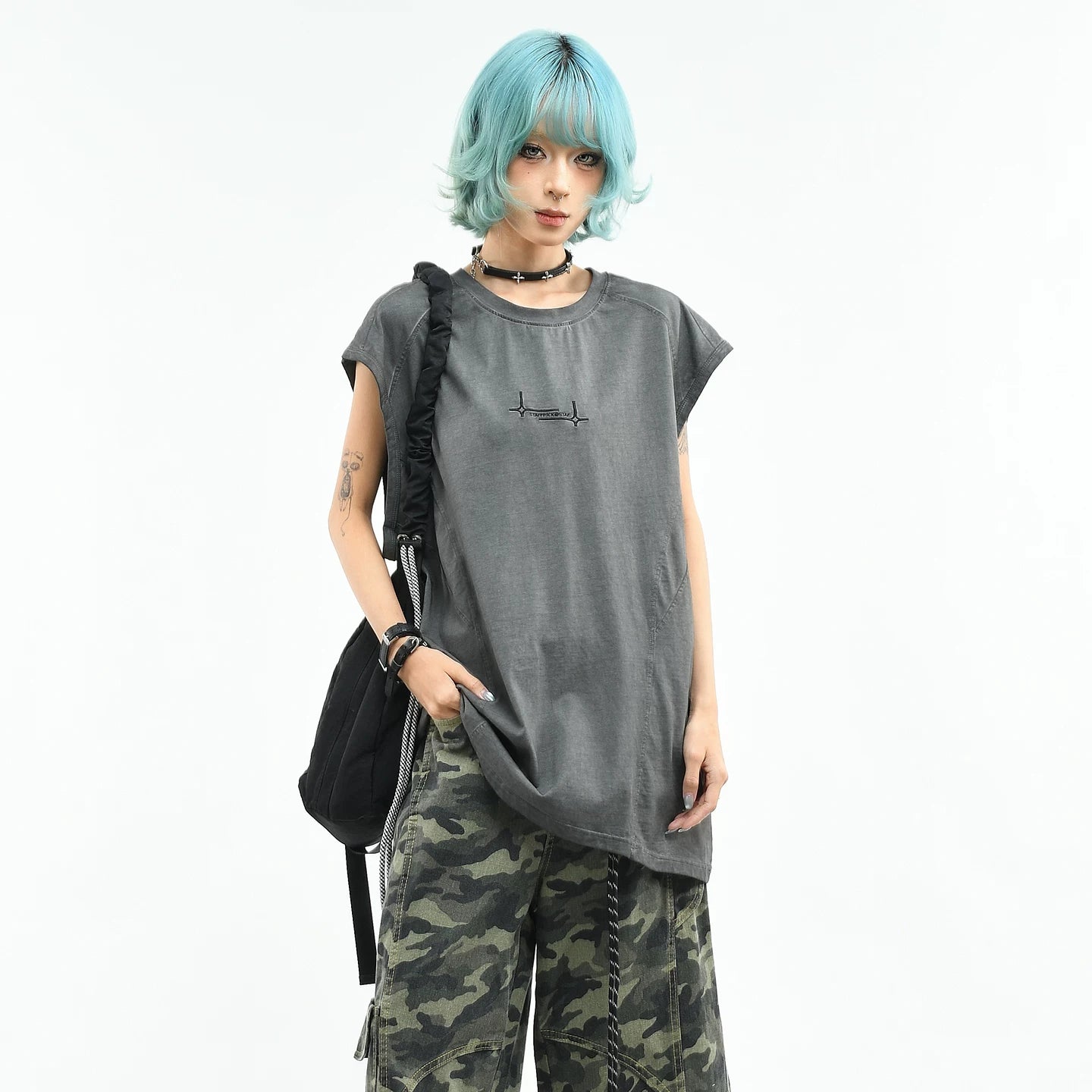 OV Original/Retro Deconstructed Splicing Shoulder Sleeveless T-shirt for Women in Summer, Loose Water Washed, Made Old, Relaxing, Tank Top for Men