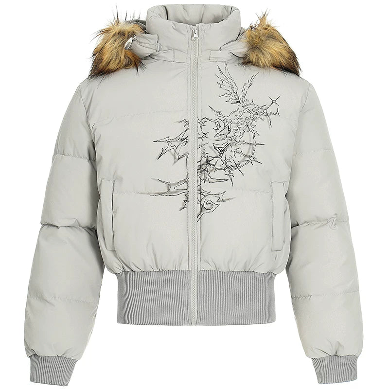 OV original American style fur collar, detachable waist, hood, cotton jacket, women's winter short style, slim and warm, cotton jacket, trendy