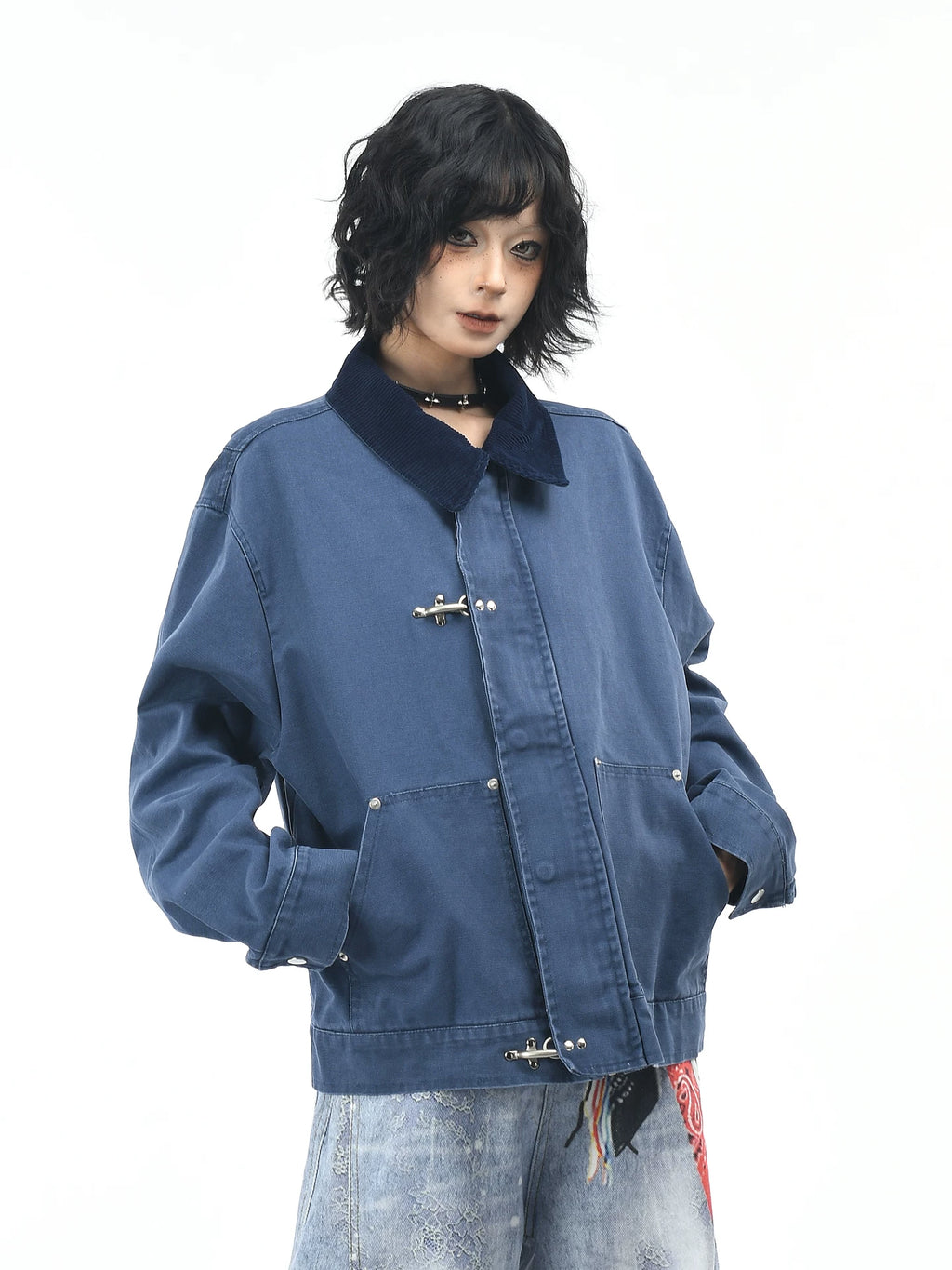 OV original American contrasting color airplane buckle splicing lapel workwear jacket for men and women, autumn street loose couple jacket