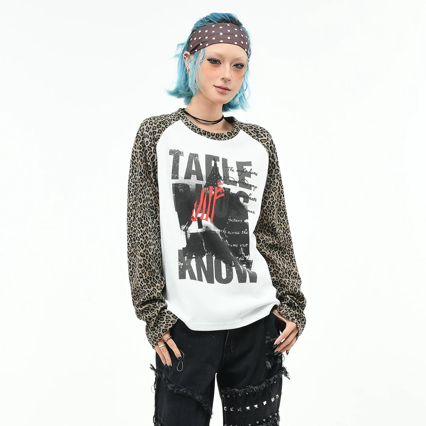 OV original/subculture leopard print raglan sleeve patchwork long sleeved T-shirt for men's autumn loose waffle style spicy girl top for women