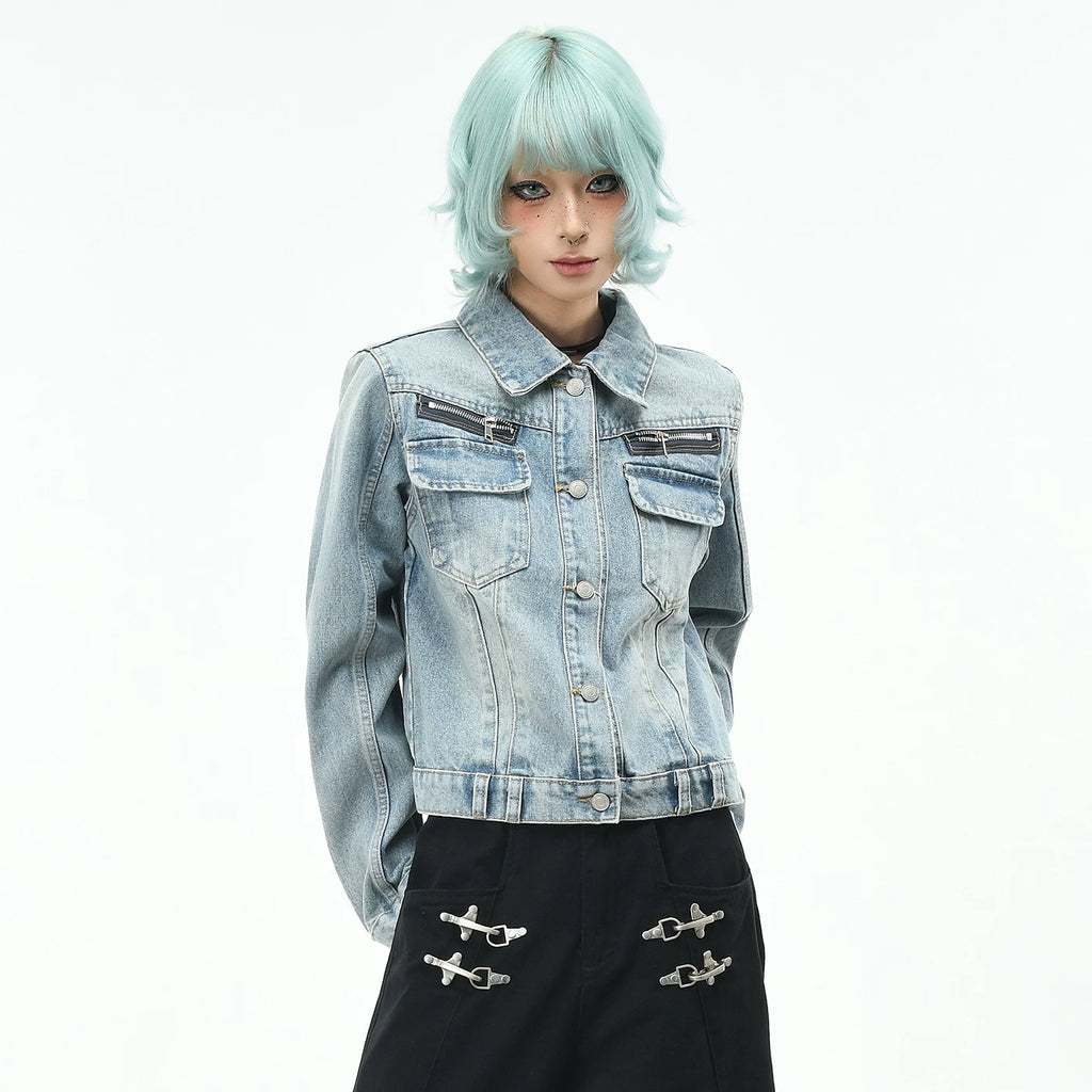 OV original American retro multi pocket workwear denim jacket for women, autumn slim fit short style, vintage lapel jacket trend