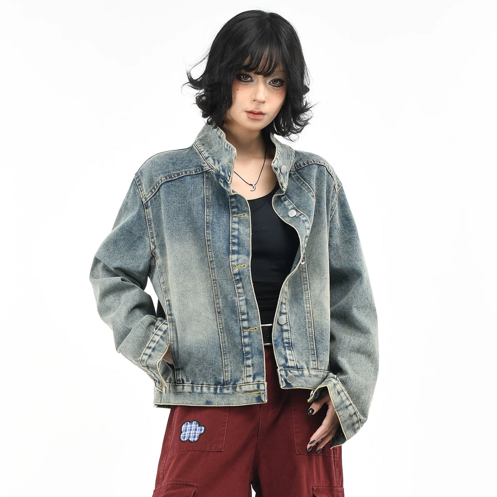 OV original American retro washed vintage denim jacket for women in autumn, loose fit, small stature, slimming short jacket trend