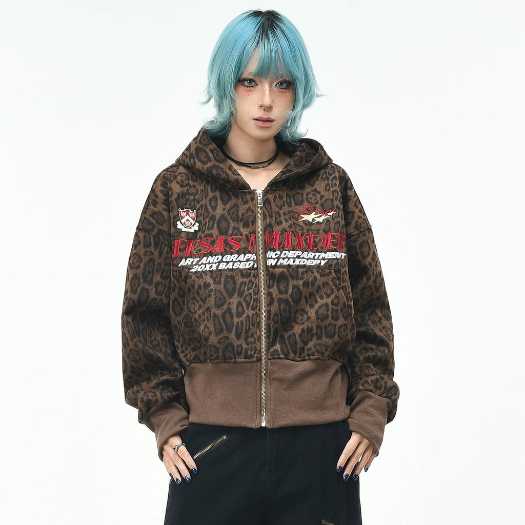 OV original American retro leopard print waist cinched hooded cardigan sweatshirt women's autumn loose zipper short style slimming jacket