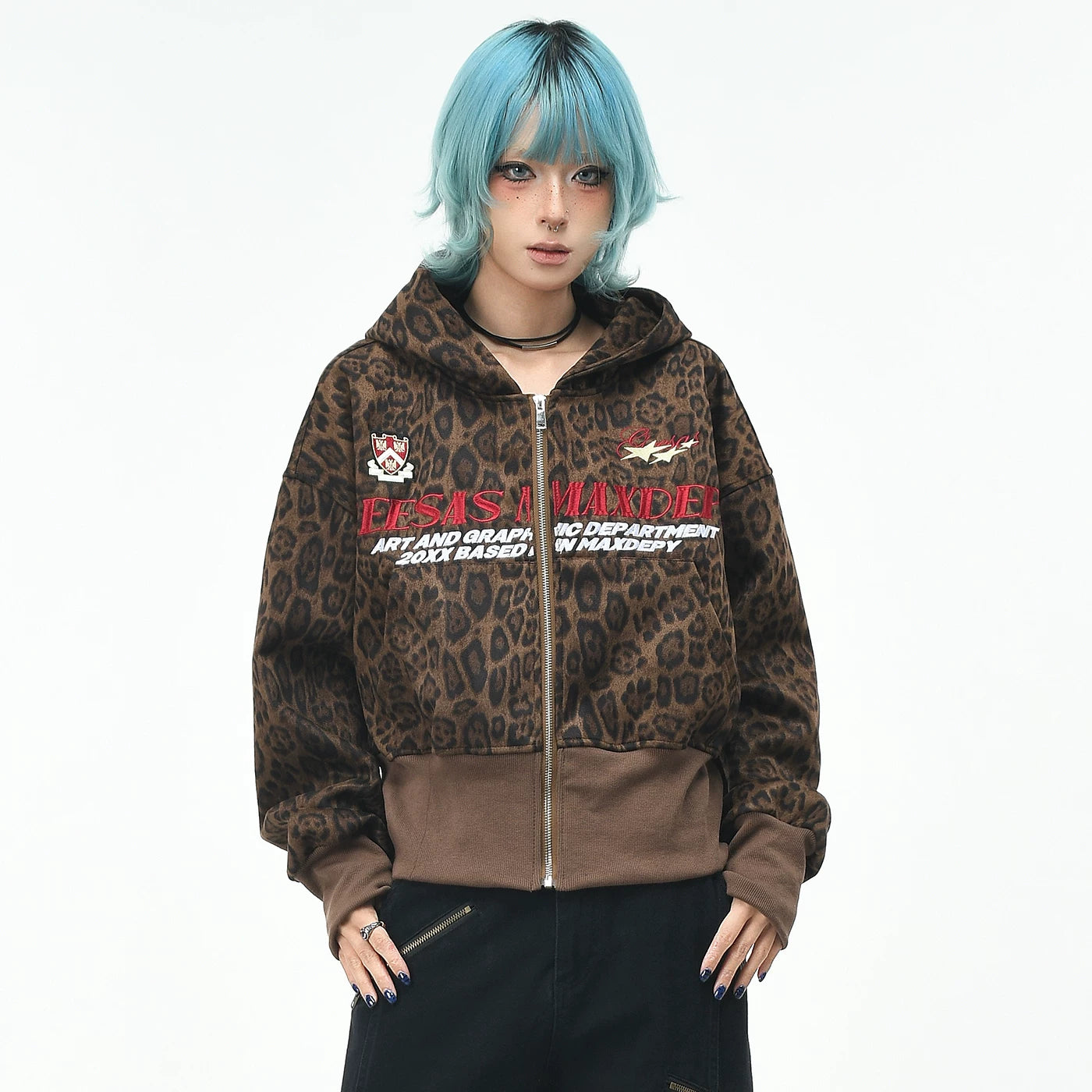 OV original American retro leopard print waist cinched hooded cardigan sweatshirt women's autumn loose zipper short style slimming jacket