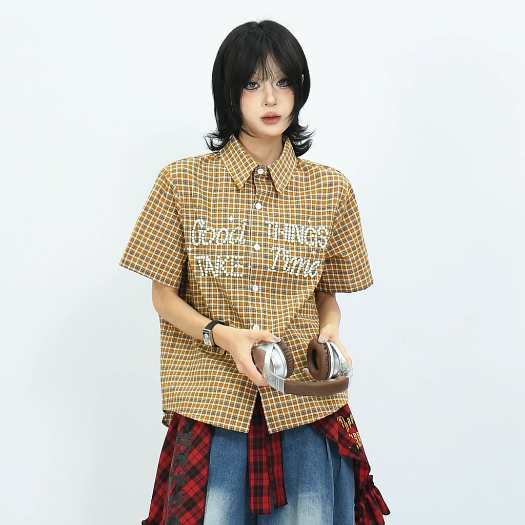 OV original American retro checkered shoulder short sleeved shirt with women's nail bead design, casual short style, summer shirt trend