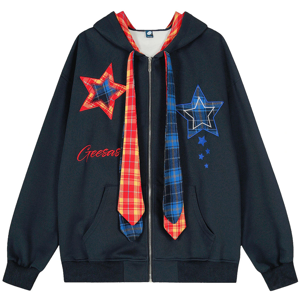 OV original American retro plaid embroidered hooded sweatshirt for women, autumn loose tie design, cardigan jacket for men
