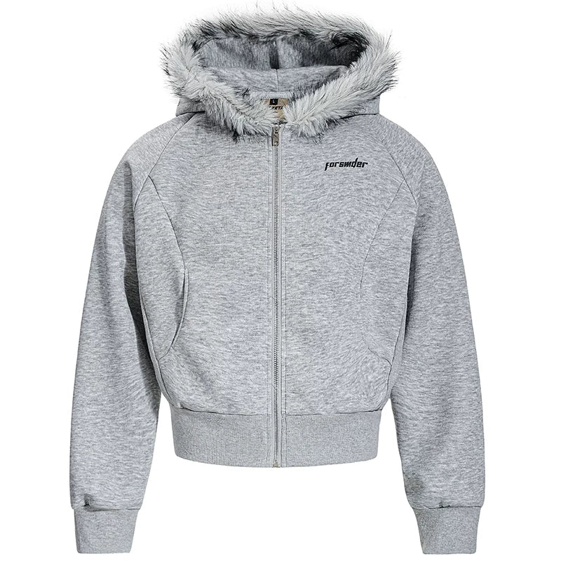 OV original American retro fur collar design zipper jacket women's autumn loose casual short cardigan hooded sweatshirt