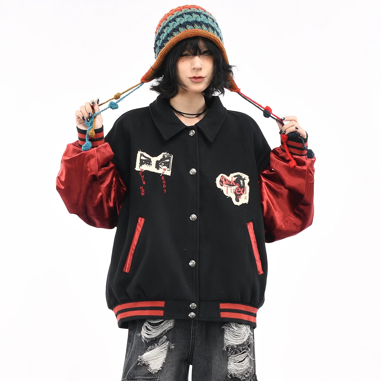 OV original American retro character patch embroidery baseball jacket for women, autumn loose contrasting splicing jacket for men