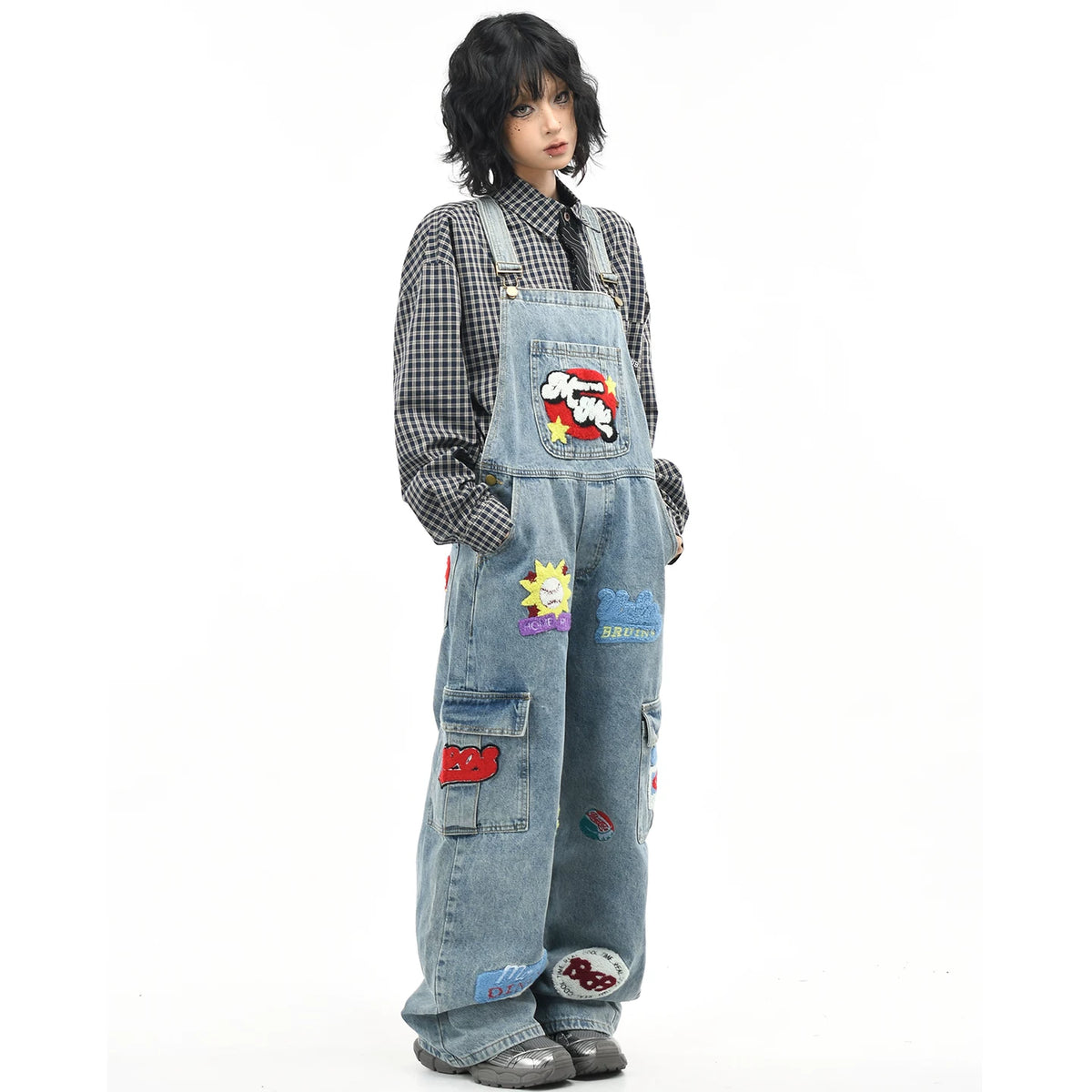 OV Original/American Plush Embroidery Washed Cowboy Strap Pants for Women Retro Loose Trendy Brand Ins jumpsuit Pants for Men