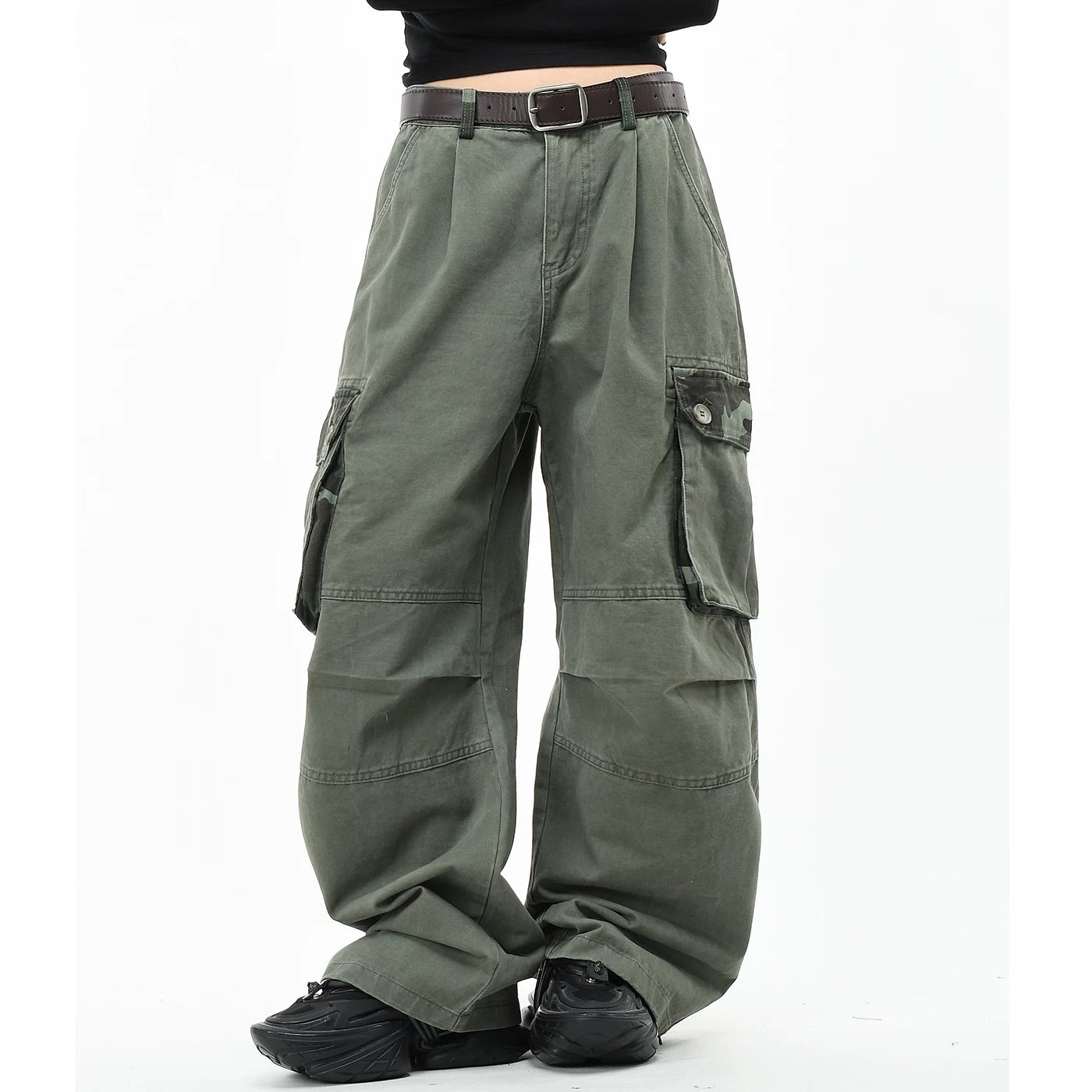 OV original American camouflage patchwork vintage washed casual pants for men and women, loose wide leg multi pocket pleated work pants