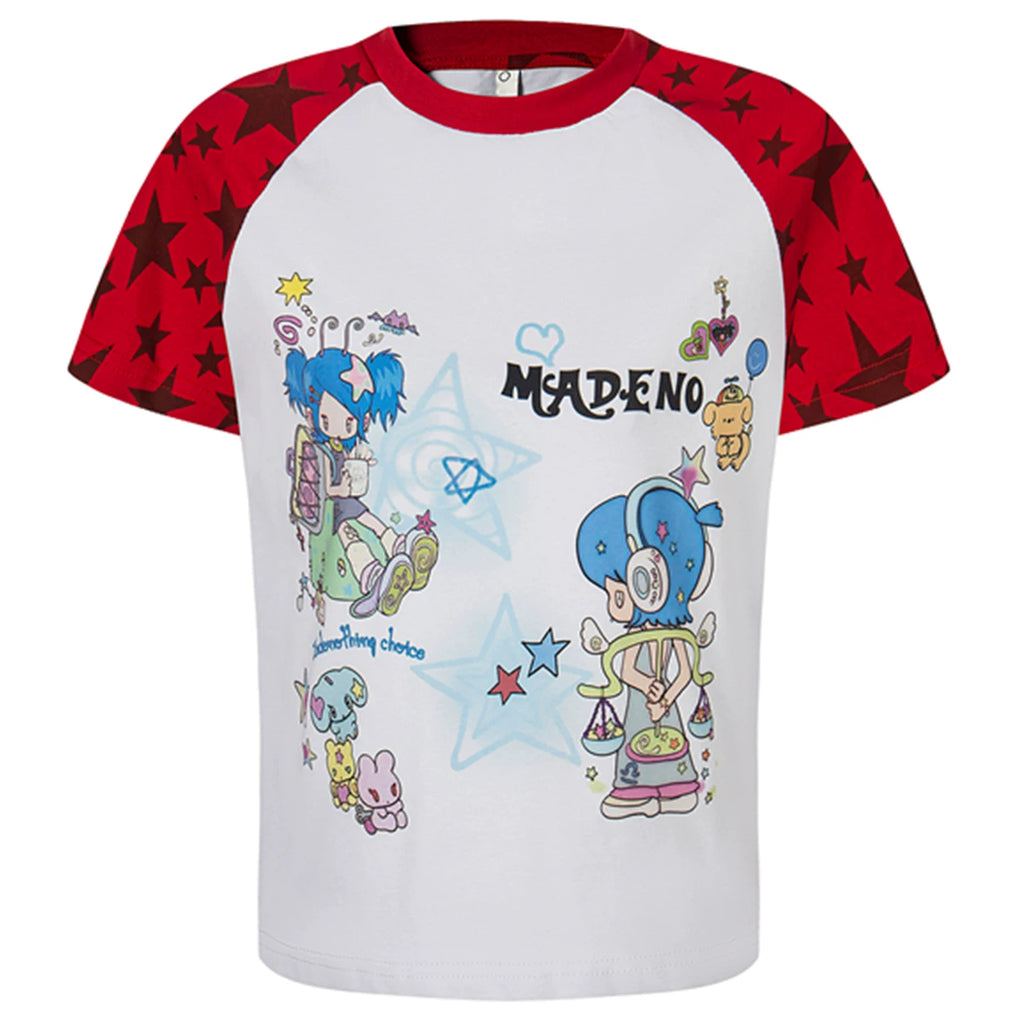 OV original American fun cartoon printed shoulder short sleeved T-shirt for women y2k with raglan sleeves and contrasting color short summer top