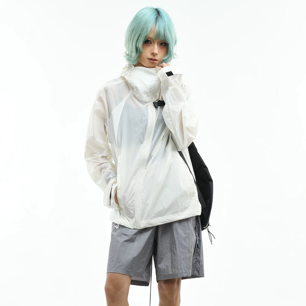 OV original diagonal zipper design outdoor hooded sunscreen jacket for women, summer loose breathable quick drying sunscreen jacket for men