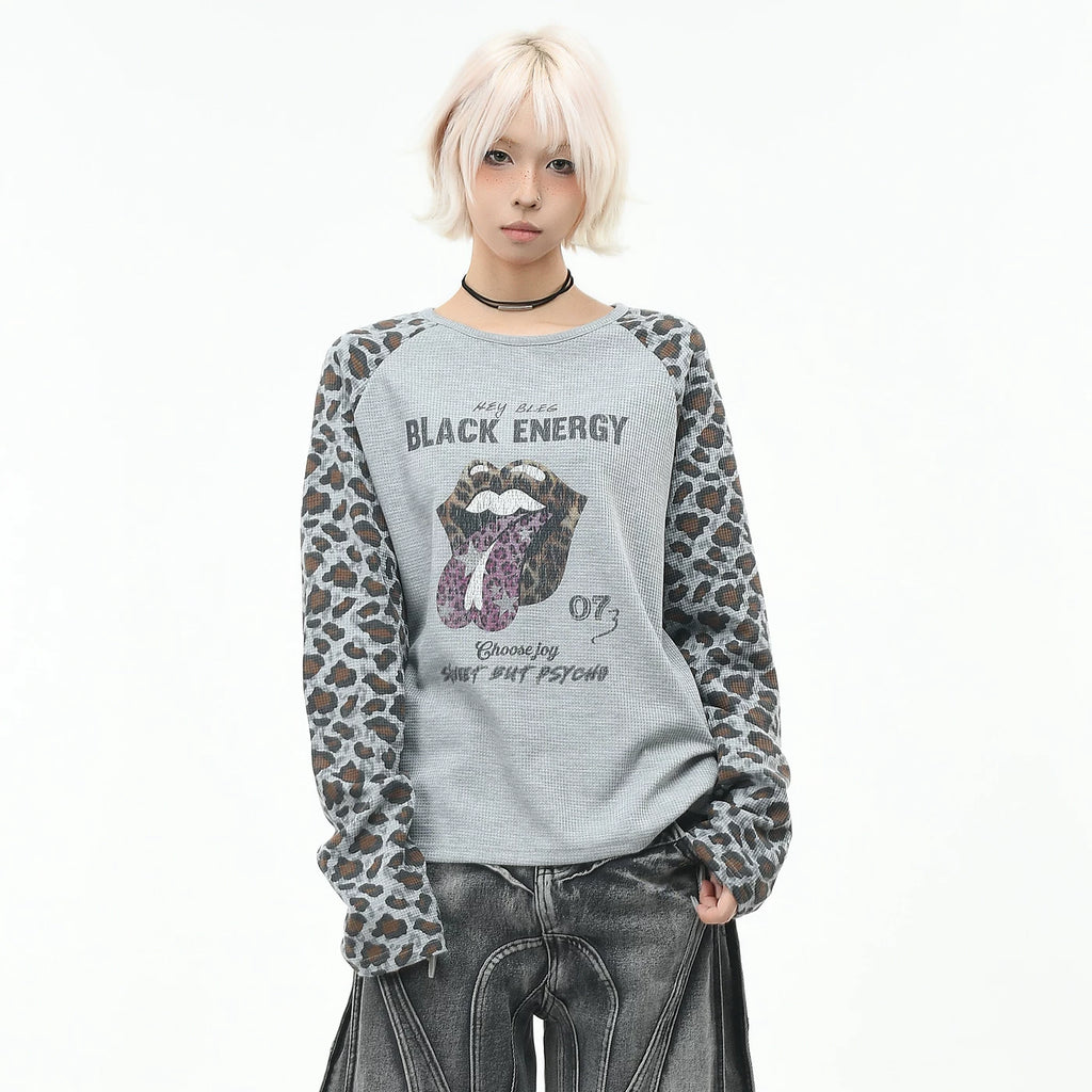 OV original/American style spicy girl leopard print splicing short long sleeved T-shirt for men and women in autumn loose rolling stone print top trend