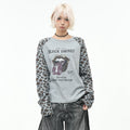 OV original/American style spicy girl leopard print splicing short long sleeved T-shirt for men and women in autumn loose rolling stone print top trend