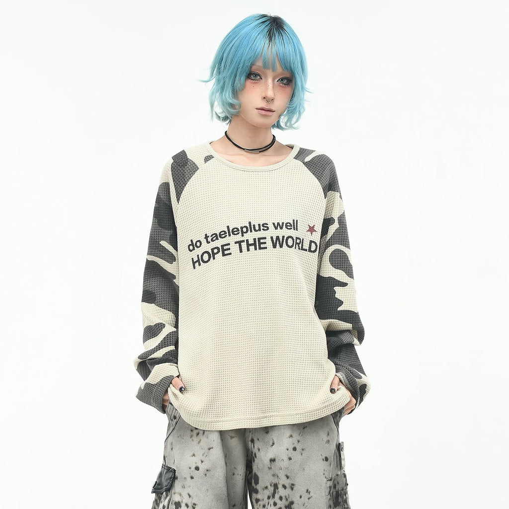 OV original/American camouflage raglan sleeve contrasting long sleeved T-shirt for men and women in autumn Boxy short and wide waffle top trend