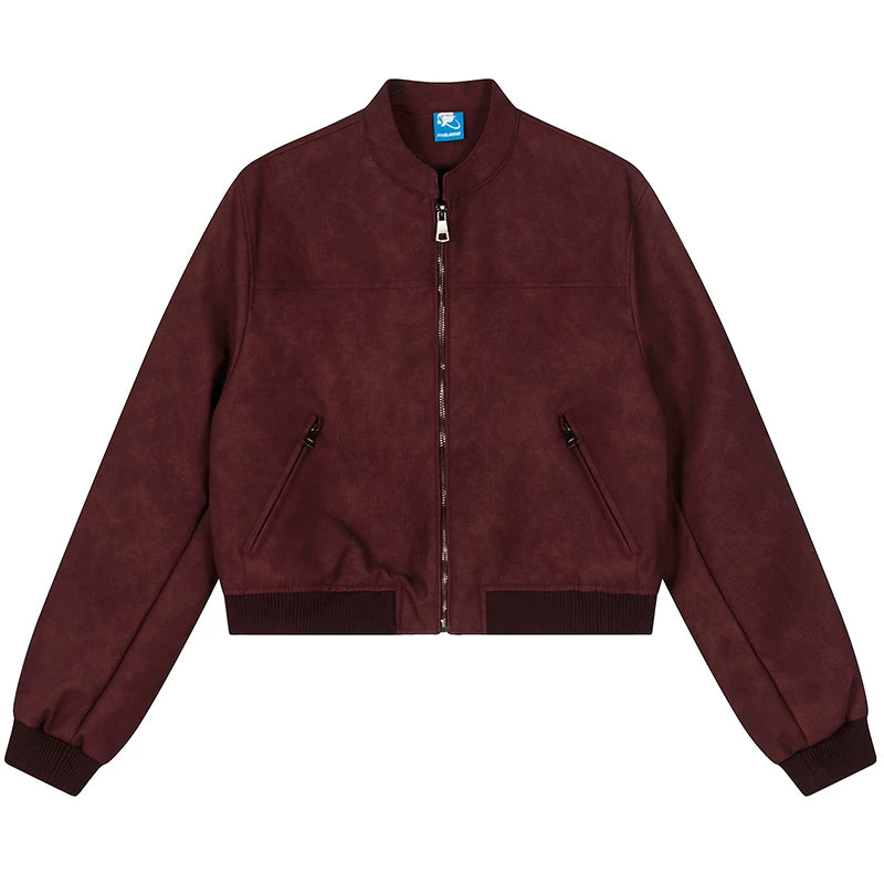 OV original American racing style short PU leather jacket, women's autumn trendy brand loose slimming stand up collar jacket top