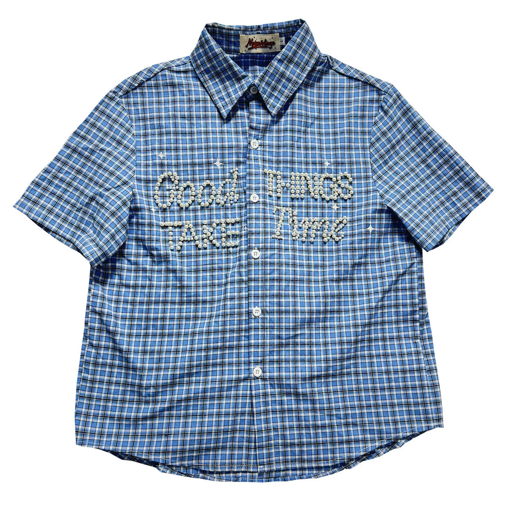 OV original American retro checkered shoulder short sleeved shirt with women's nail bead design, casual short style, summer shirt trend