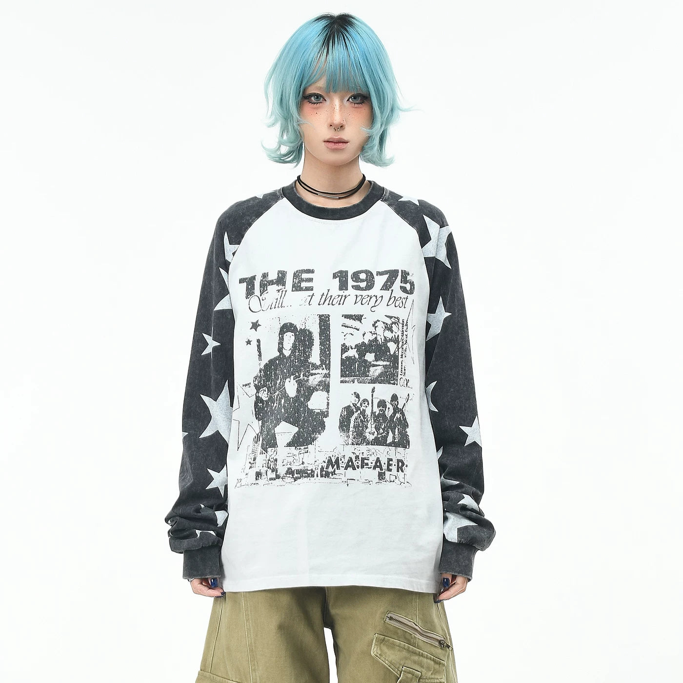 OV original/American hip-hop rock band printed long sleeved T-shirt for women in autumn, loose fitting raglan sleeves, vintage top for men