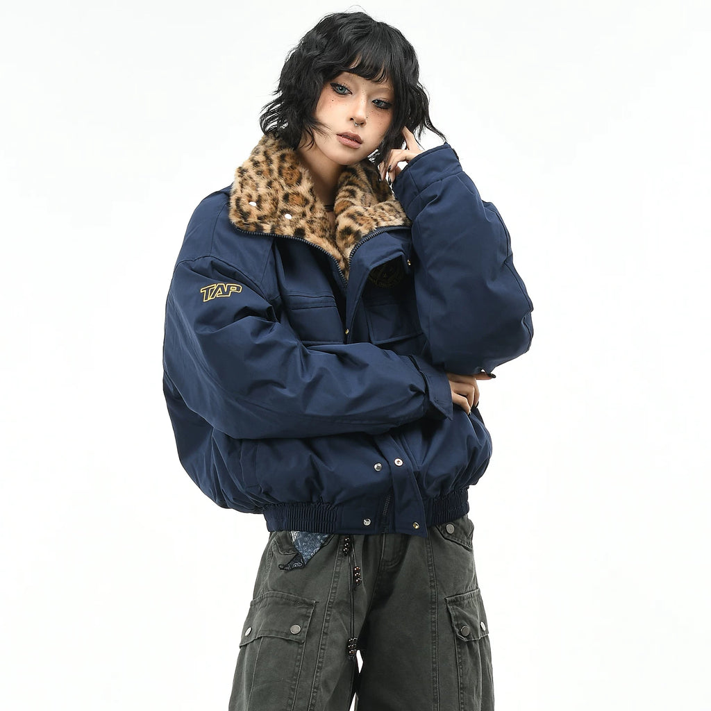 OV原创美式廓形剪裁豹纹座山雕棉服外套女冬季宽松加厚保暖棉衣男