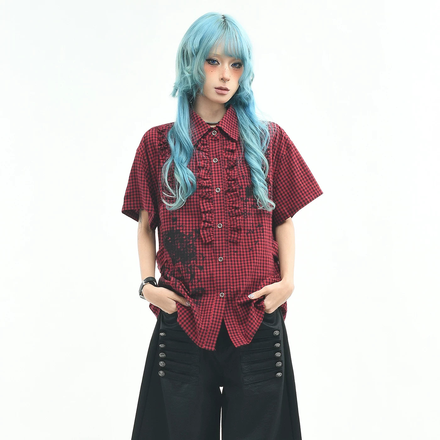 OV original American retro plaid pleated short sleeved shirt for men and women in summer, loose fit, waist cinching, slimming couple shirt trend