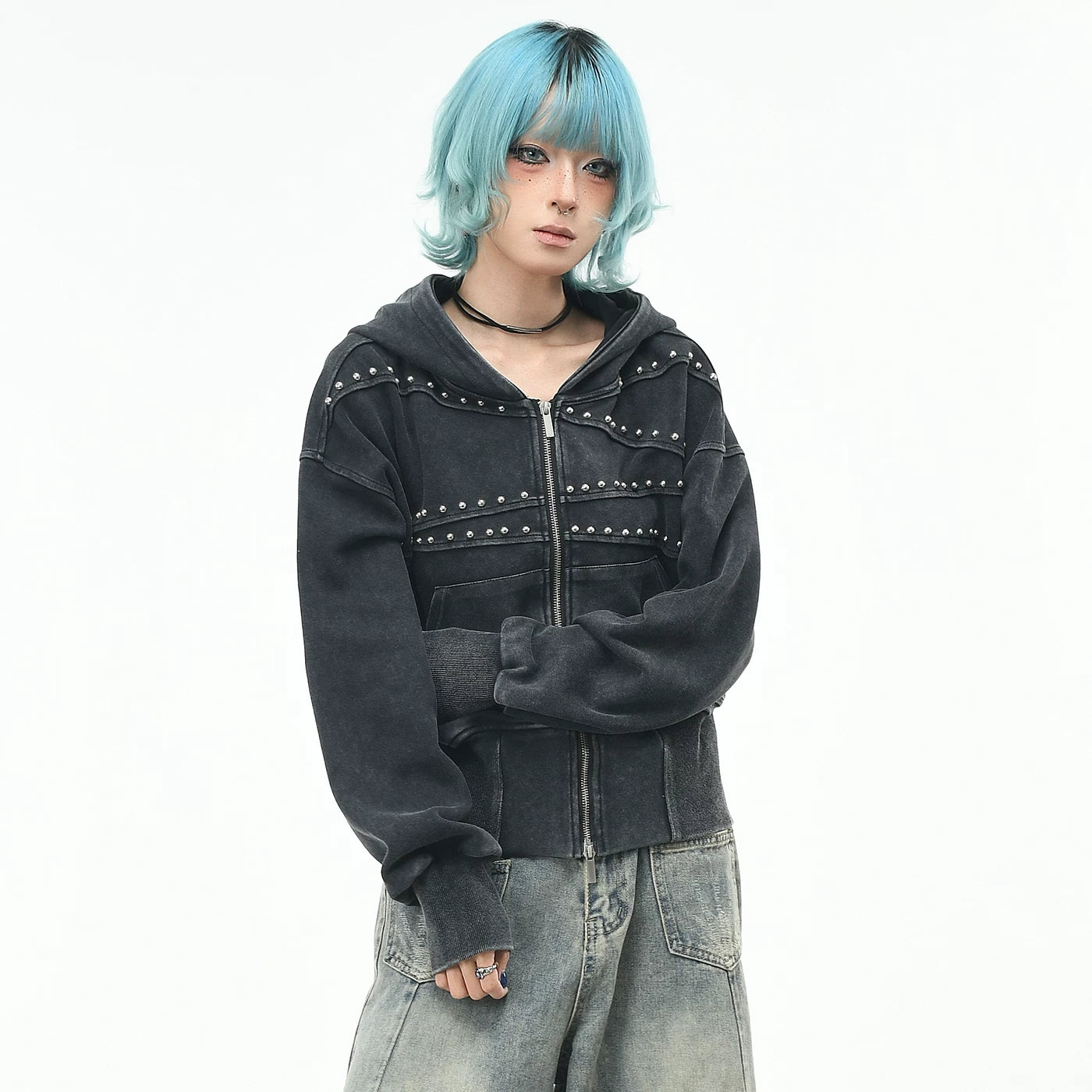 OV Original Retro Rivet Cut, Vintage, Back Waist Hoodie, Women's Autumn Loose Short Zipper cardigan Coat