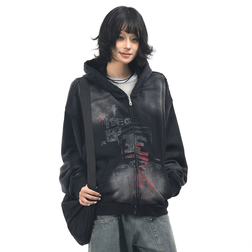 OV original American retro vintage washed zipper hooded sweatshirt women's autumn loose cardigan jacket men's boyfriend trendy brand