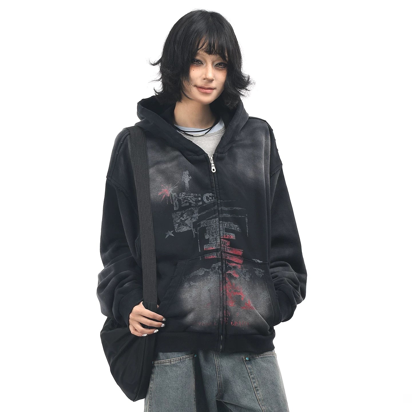 OV original American retro vintage washed zipper hooded sweatshirt women's autumn loose cardigan jacket men's boyfriend trendy brand