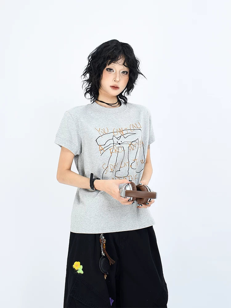 OV Original/Summer American Fun Long Leg Cat Printed Short Sleeve T-shirt for Women Solona Cool Shoulder Top Trendy