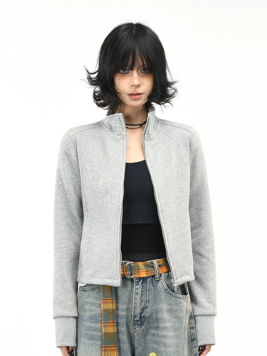 OV original American style short stand up collar shoulder sweatshirt for women's autumn street slimming and slimming effect, cardigan zipper long sleeved jacket