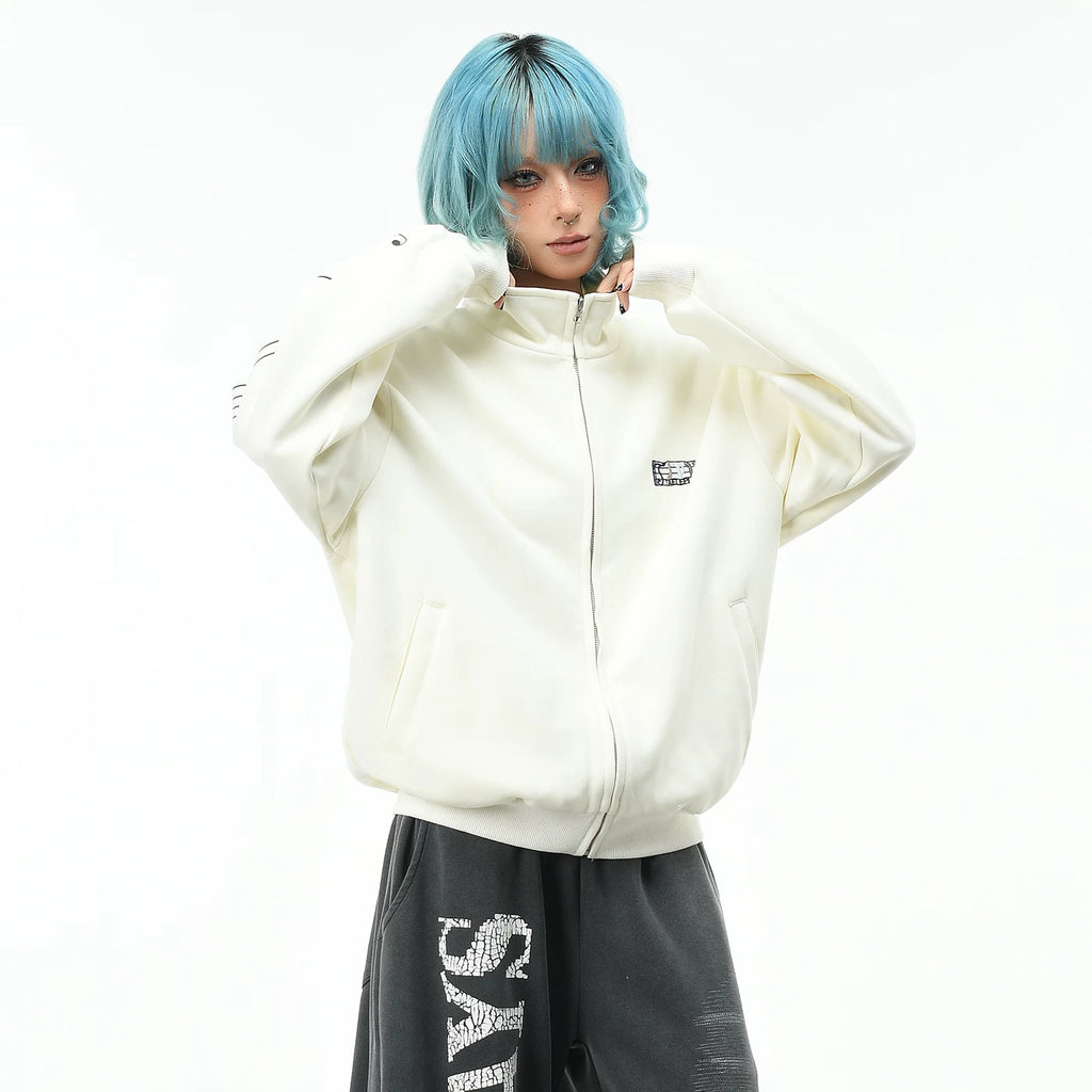 OV original unisex rock note embroidered short jacket for men and women, autumn loose stand up collar zipper casual jacket