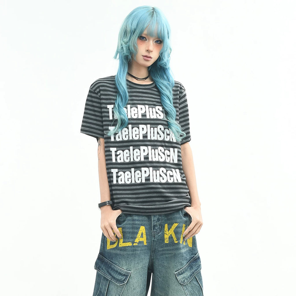 OV original/retro striped letter printed shoulder T-shirt for men and women in summer loose short sleeved niche light Asian top trend