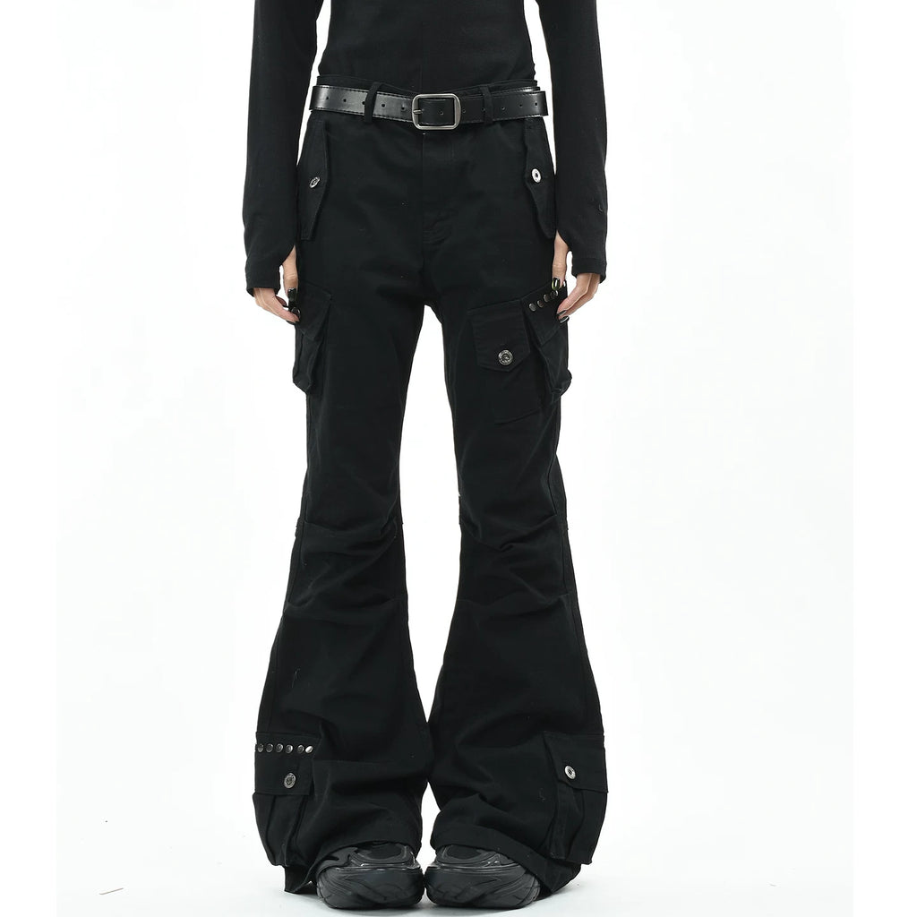 OV original American punk subculture multi pocket work pants with rivet design for men and women, slim fit micro flared pants, trendy