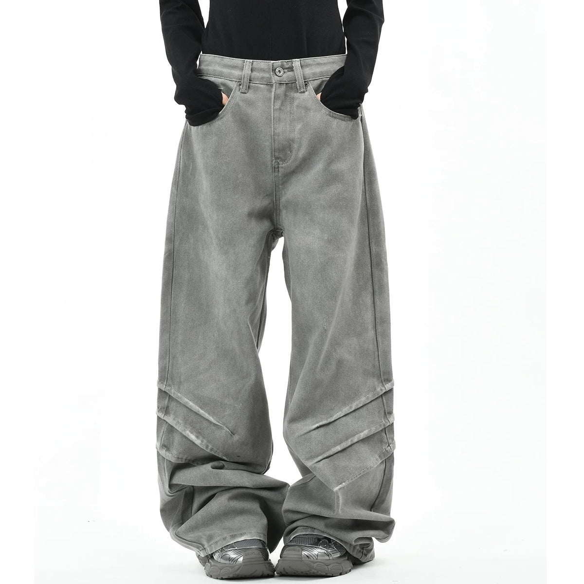 OV original American style dirty dyed distressed folded washed denim jeans for men and women, loose wide leg pants for the streets, men's fashion