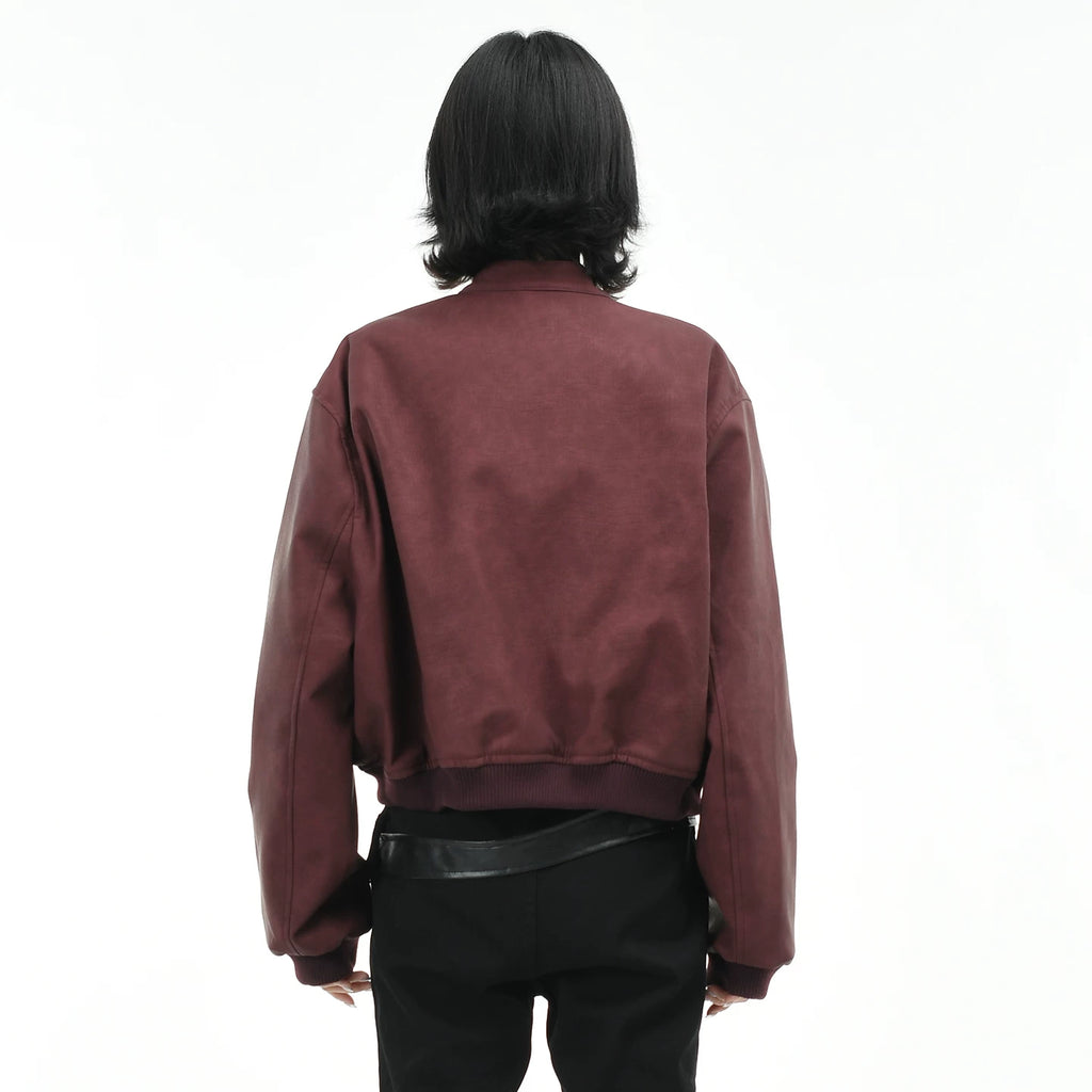 OV original American racing style short PU leather jacket, women's autumn trendy brand loose slimming stand up collar jacket top