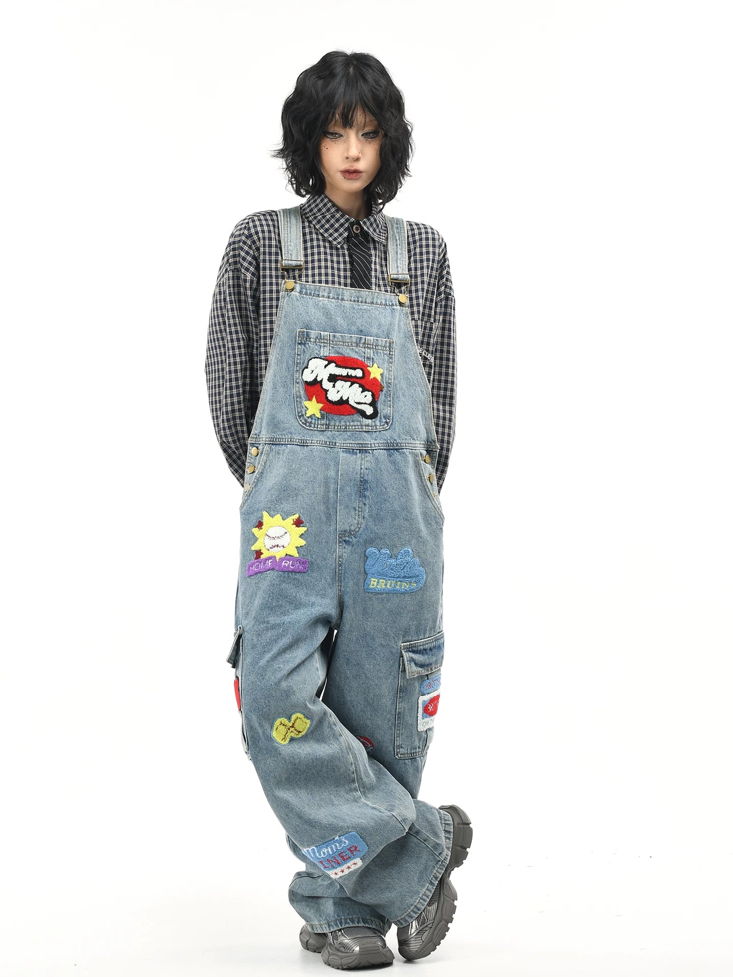 OV Original/American Plush Embroidery Washed Cowboy Strap Pants for Women Retro Loose Trendy Brand Ins jumpsuit Pants for Men